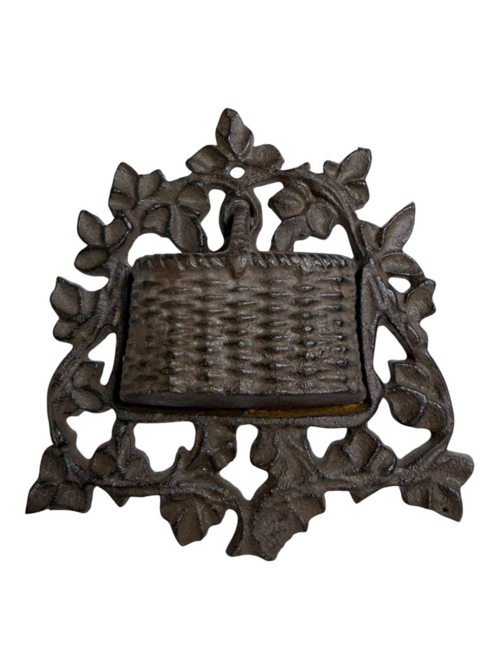 VTG Cast Iron Victorian Picnic Basket/ Ivy Wall Hanging Match Holder
